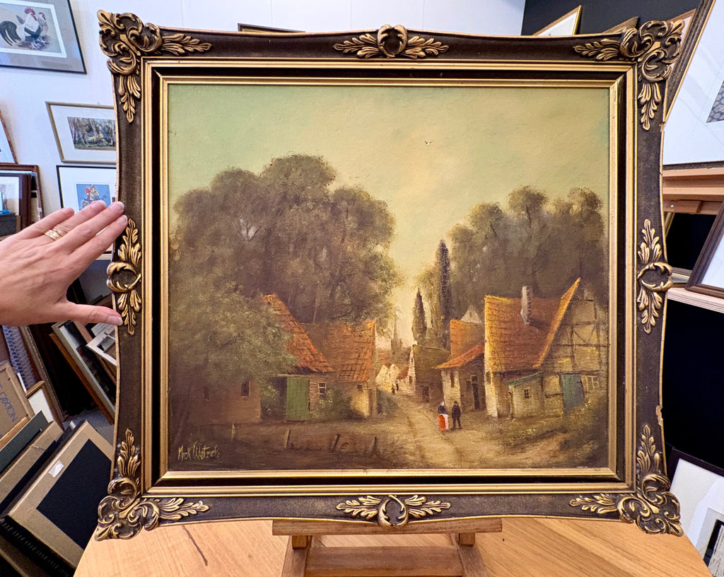 Antique original oil painting, village scene, ornate frame, signed framed art