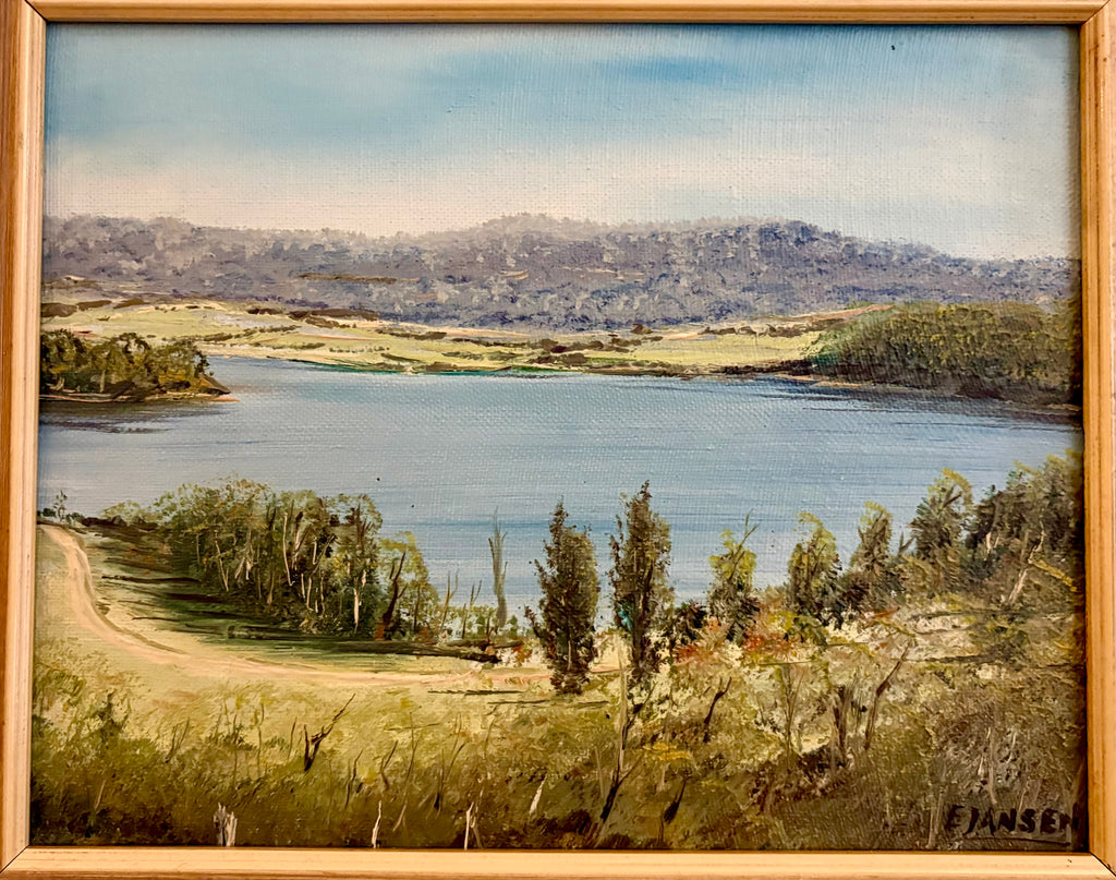 Original Australian landscape painting, vintage framed art, lake