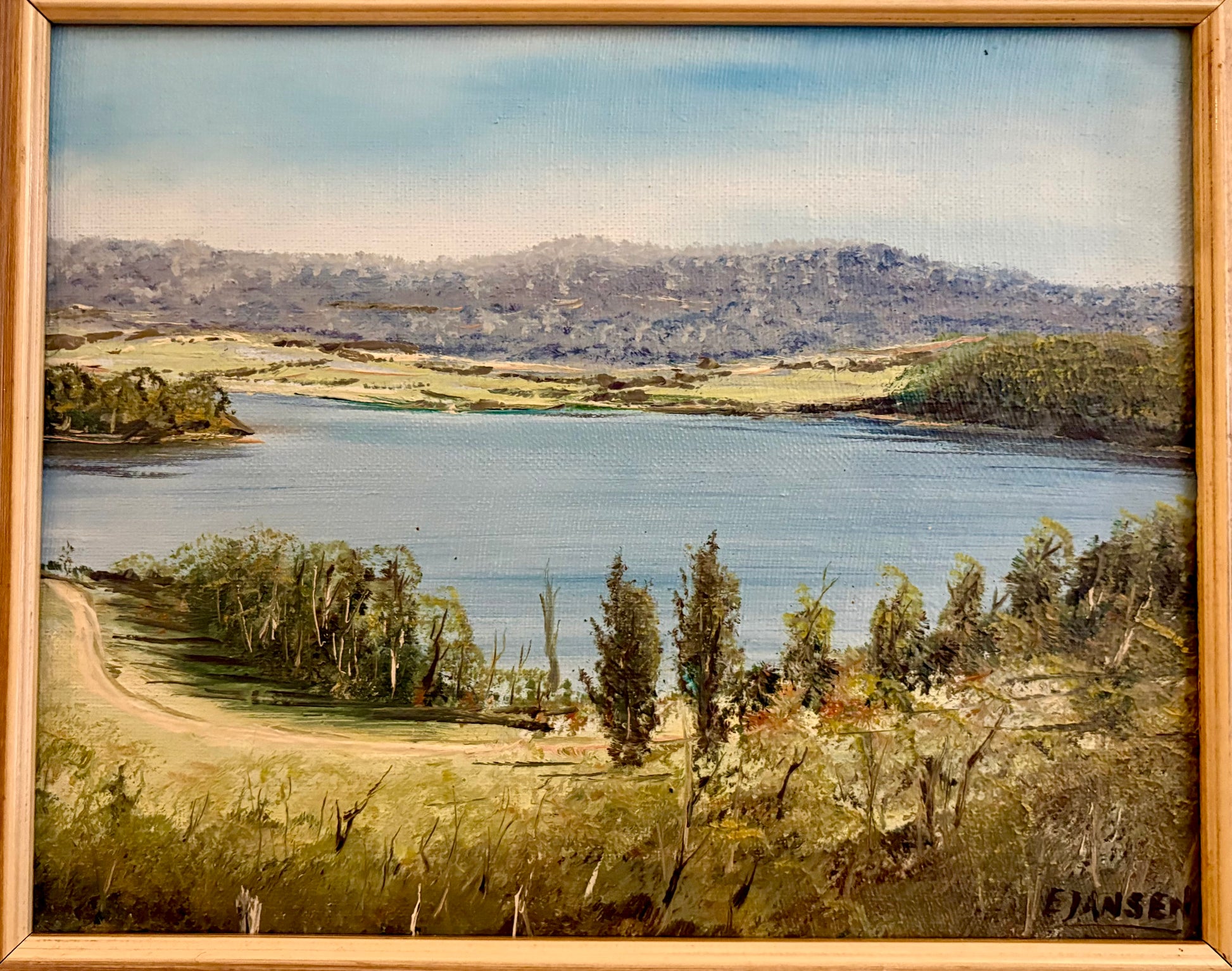 Original Australian landscape painting, vintage framed art, lake
