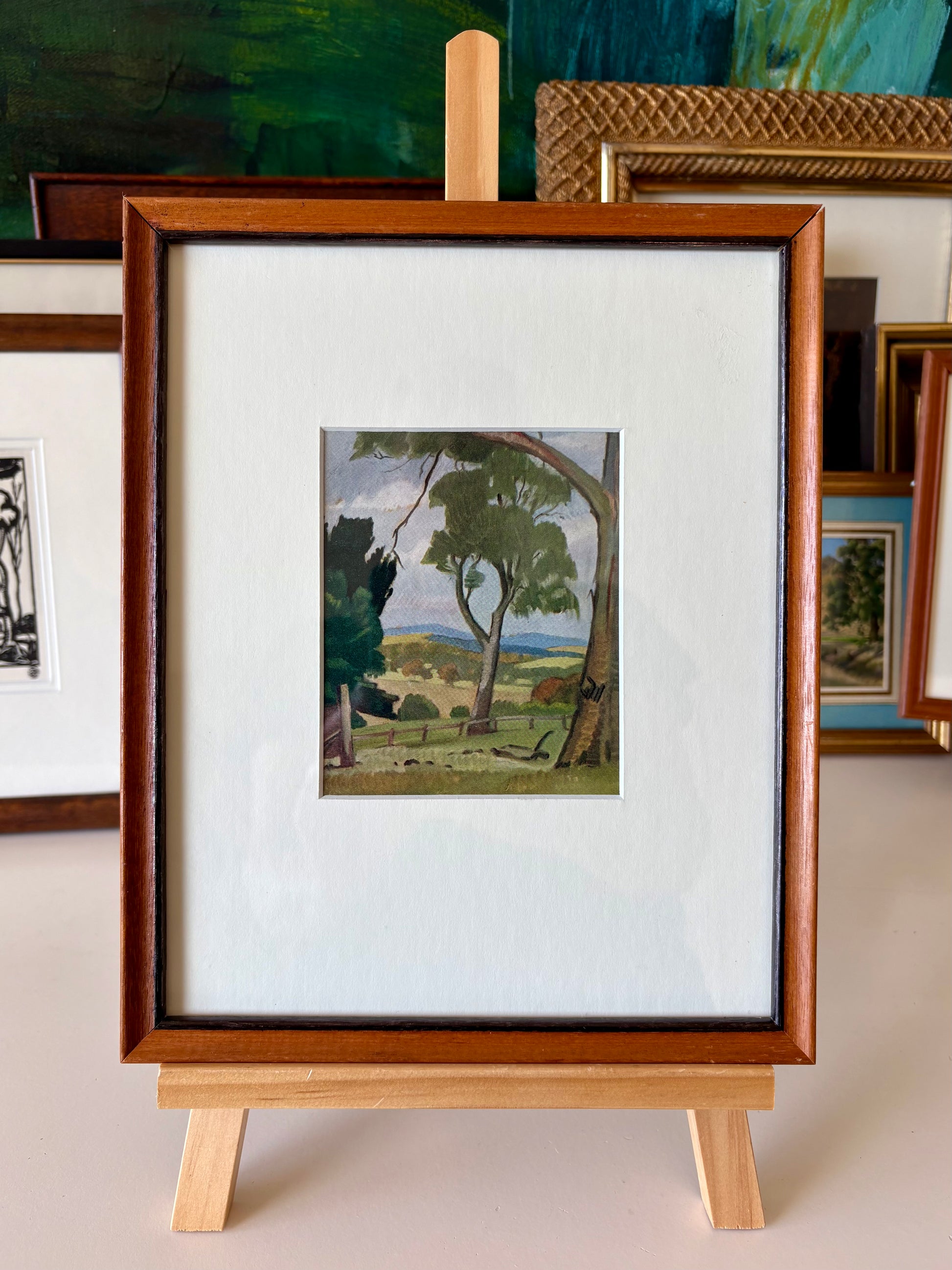 Miniature 1926 antique print, Australian landscape, framed vintage art