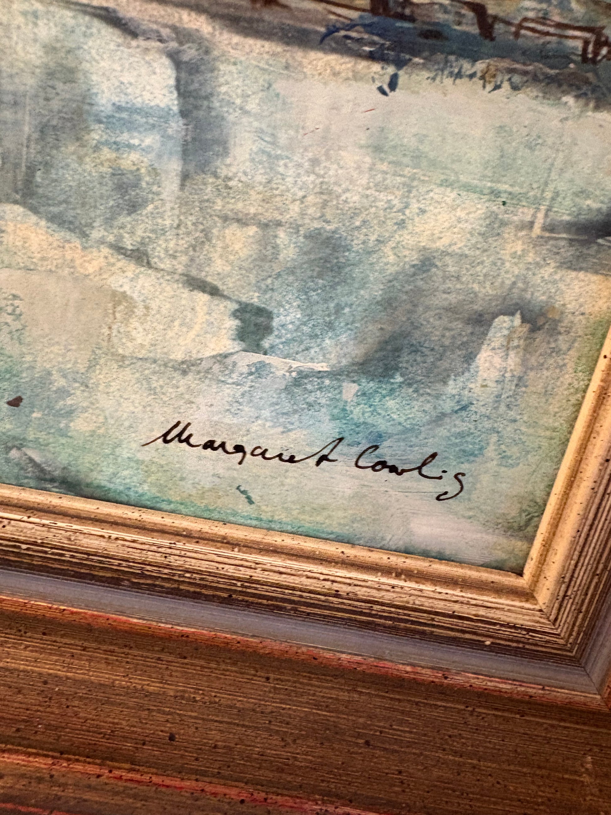 Vintage original oil painting on board, Margaret Cowling, fishing boats, jetty, seaside, framed art