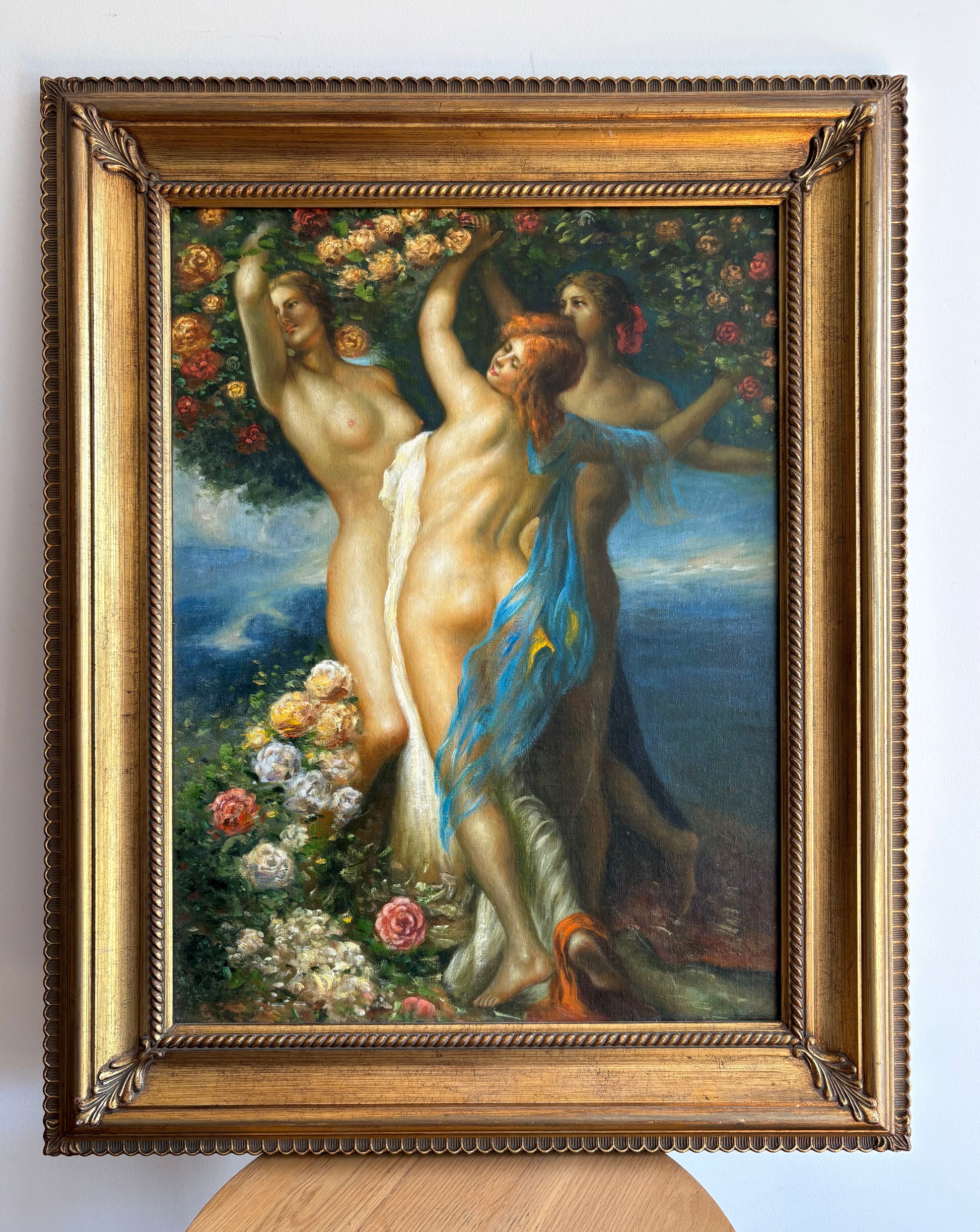Large sized original painting, “Three Graces”, Mythical, gilt framed art