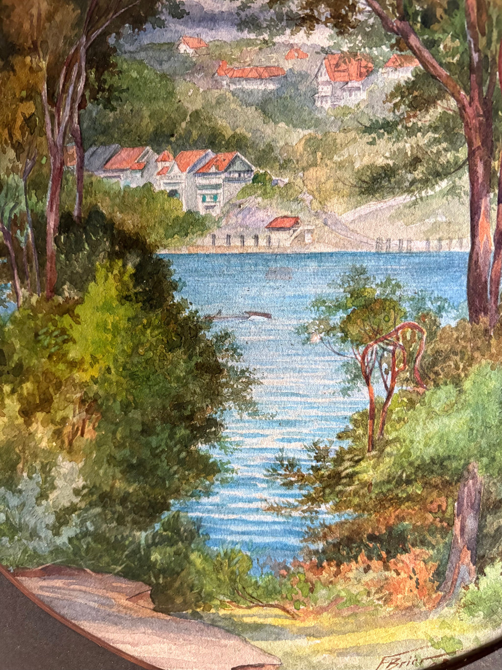 1908 original antique painting, Frederick Briar, Mosman NSW, yacht, framed art