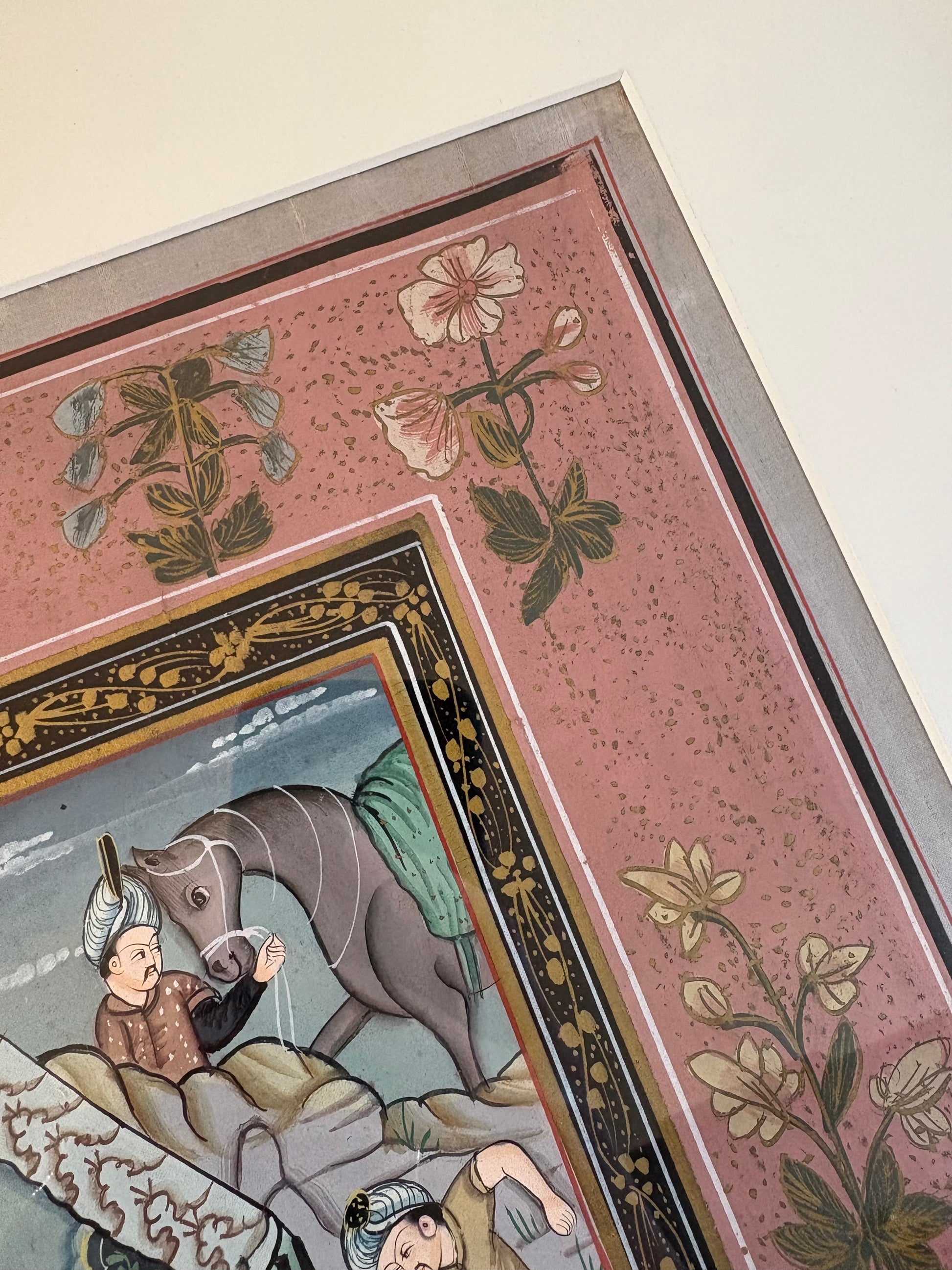 Antique Persian original painting on silk, circa 1900s, Mughal, framed art