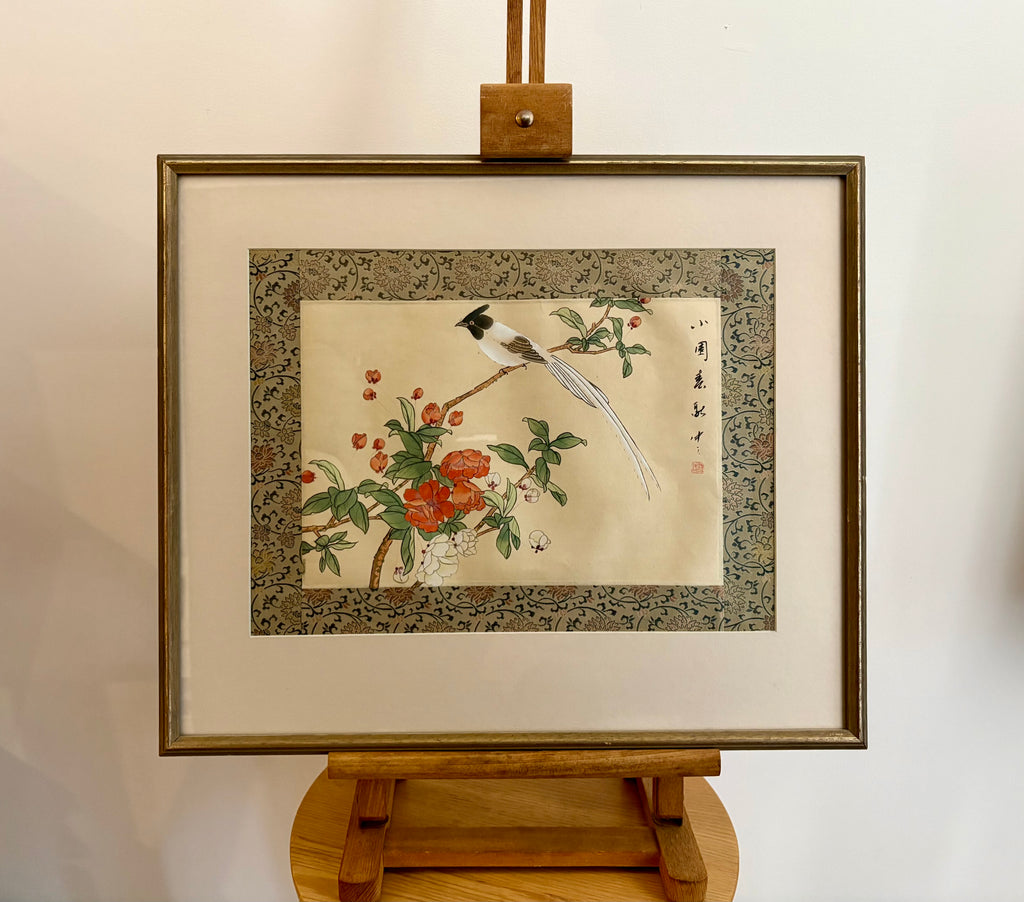 Vintage original Asian painting on silk, bird, flowers, framed art