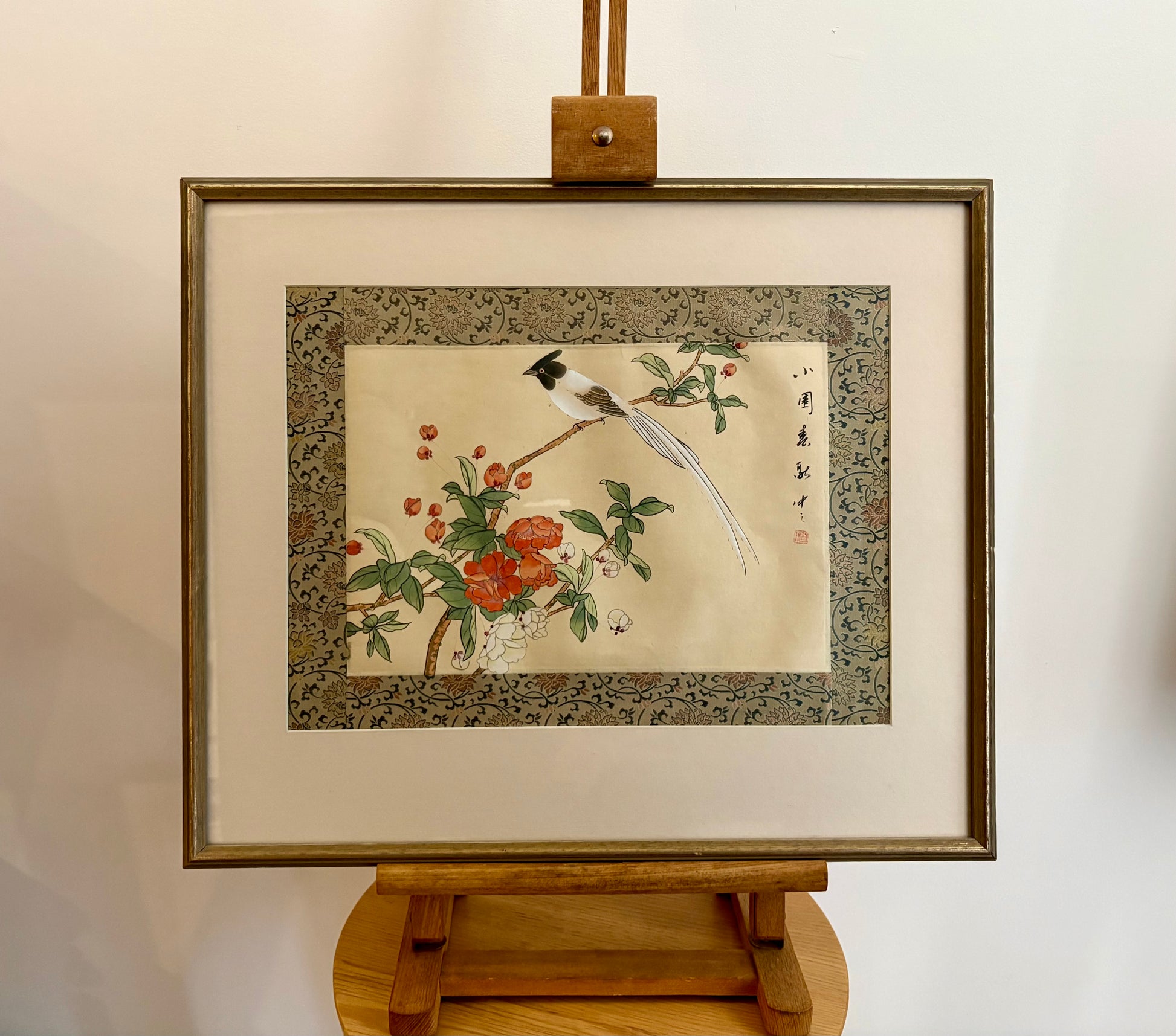 Vintage original Asian painting on silk, bird, flowers, framed art