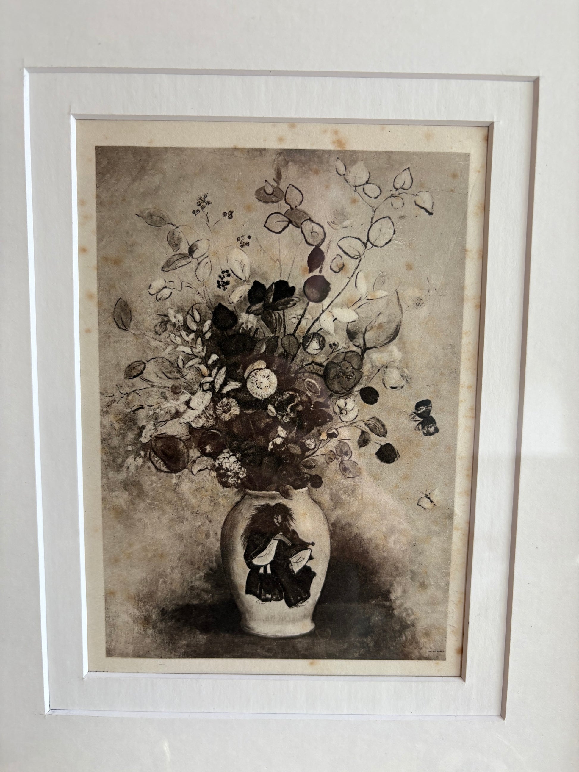 1929 Antique print, Odilon Redon, French, vase of flowers, vintage framed art
