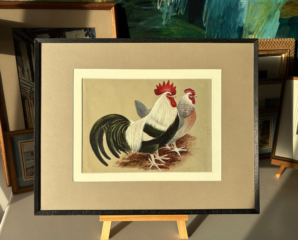 1930s original painting, Silver Dorking Fowl, rooster, chicken, framed vintage art