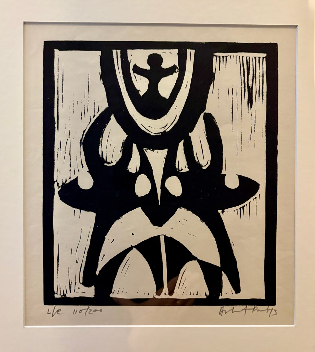 Large 1973 original linocut artwork, Ashit Paul, mythical, vintage framed art