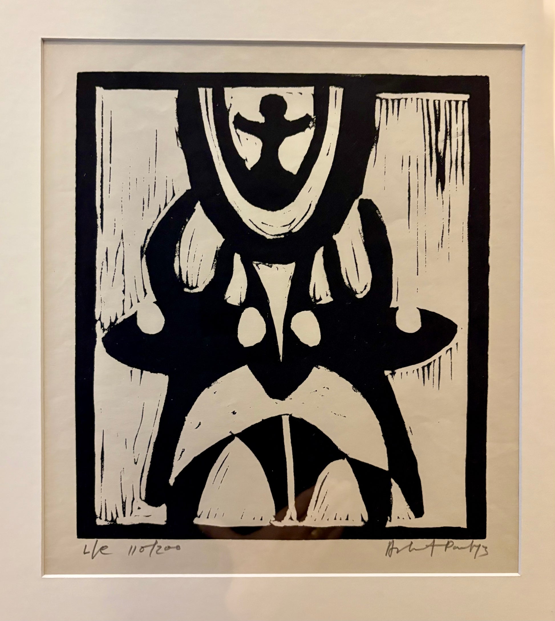 Large 1973 original linocut artwork, Ashit Paul, mythical, vintage framed art
