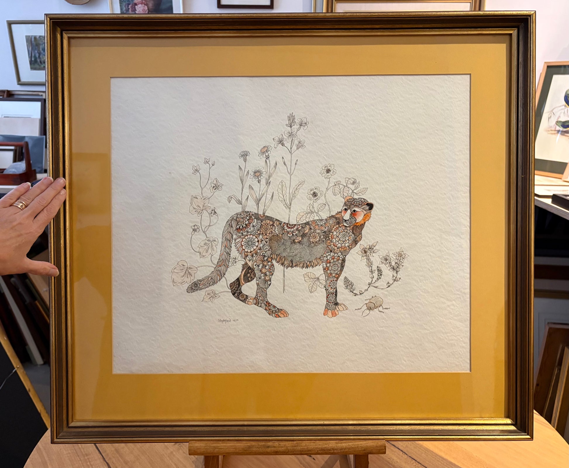 Original 1973 Jane Stapleford drawing with ink wash, fantasy, retro framed art