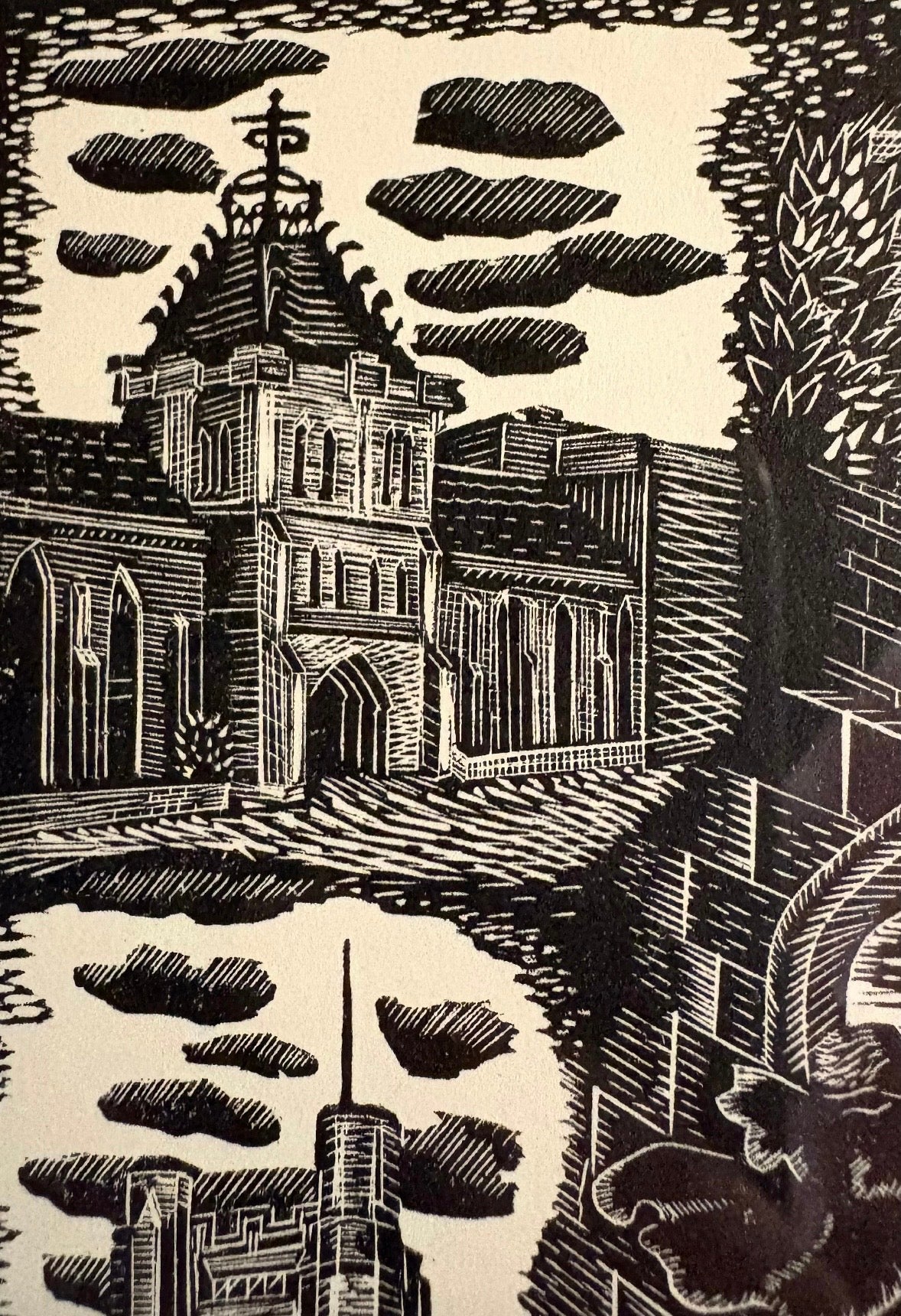 Original Helen Ogilvie woodblock print "Melbourne University", framed art, Architecture, Australian artwork