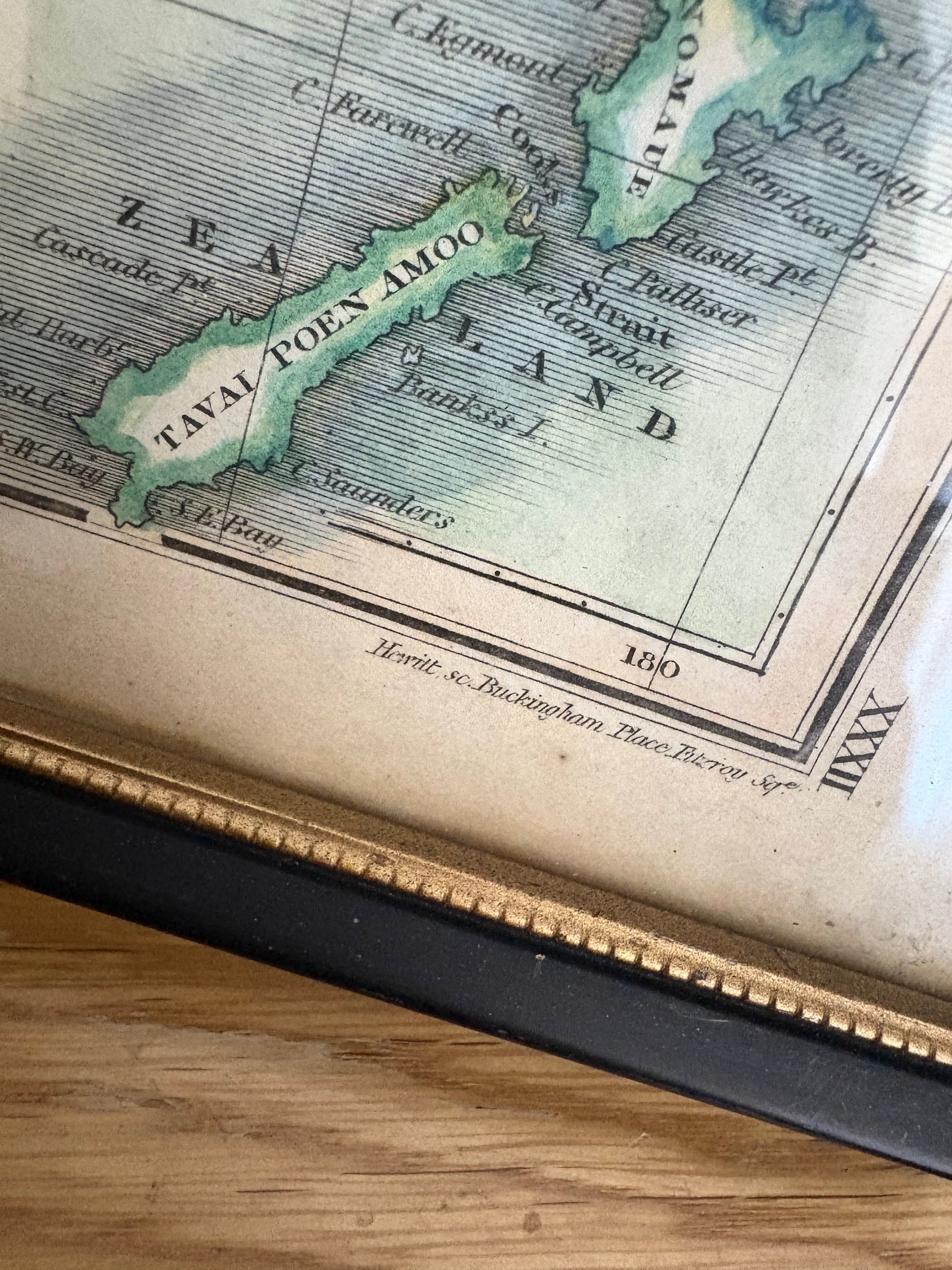 1819 antique map of Australia and surrounds, engraved, hand coloured, Thompson & Co, vintage framed