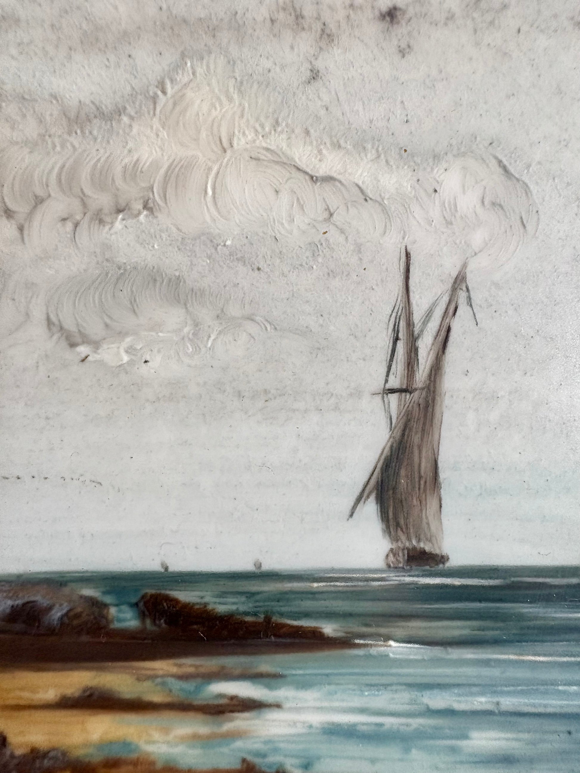 Antique original painting on white glass, coastal landscape scene, tall ship, framed vintage art