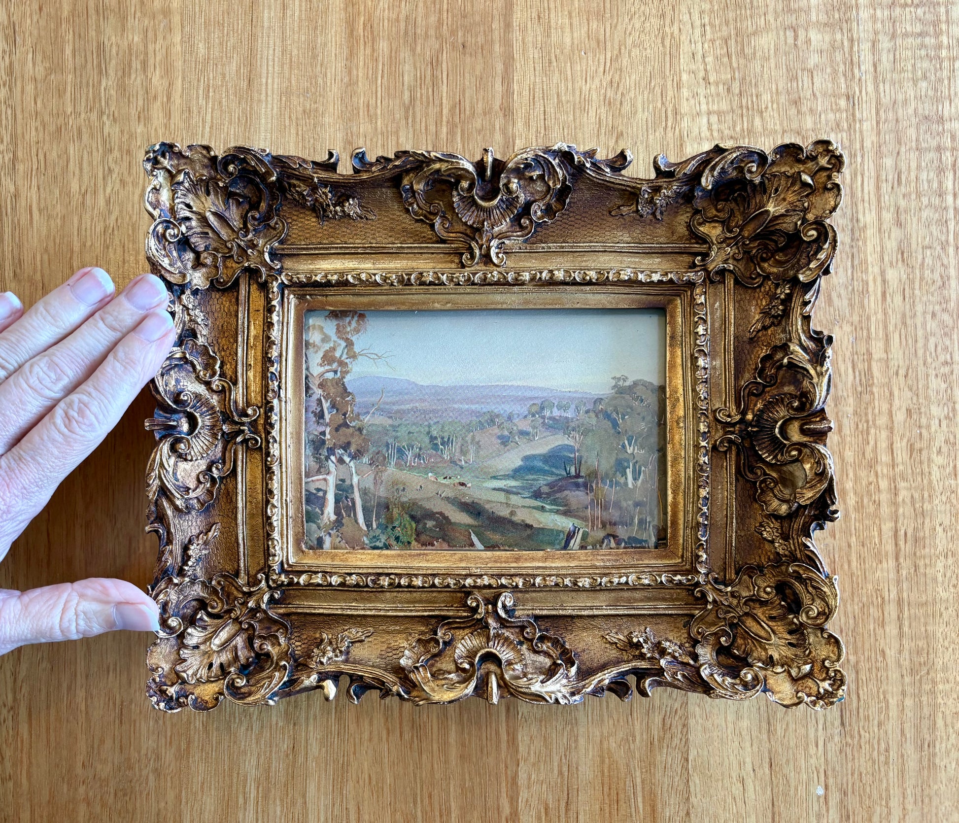 1920 antique print, Hans Heyson, Australian landscape miniature, gilt frame