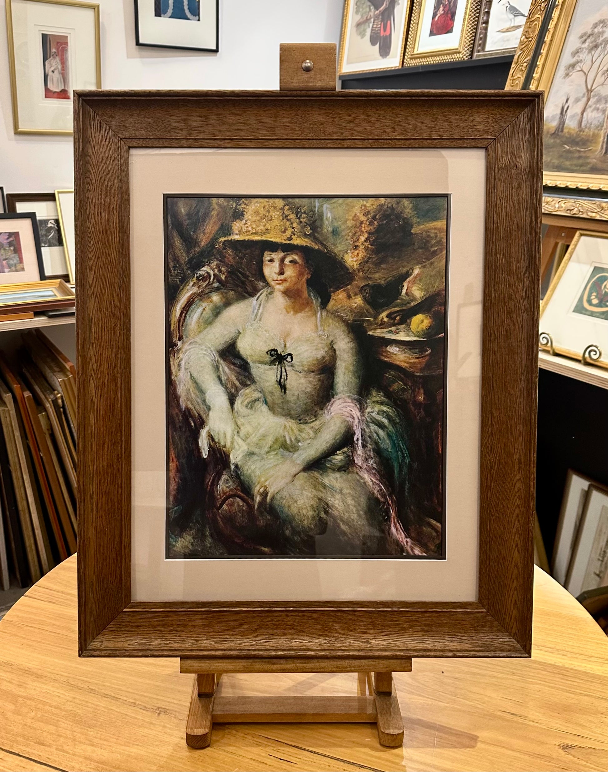 Margaret Olley gallery portrait print, William Dobell, artwork, antique oak frame