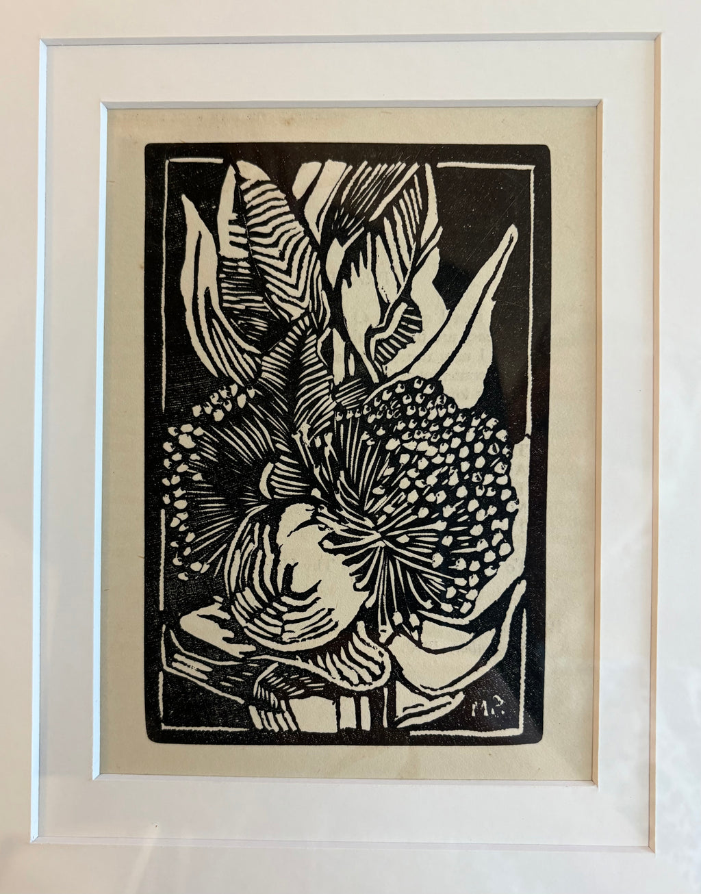 Original 1930s Margaret Preston woodblock print, "W.A. Gum Blossom" rare antique framed art