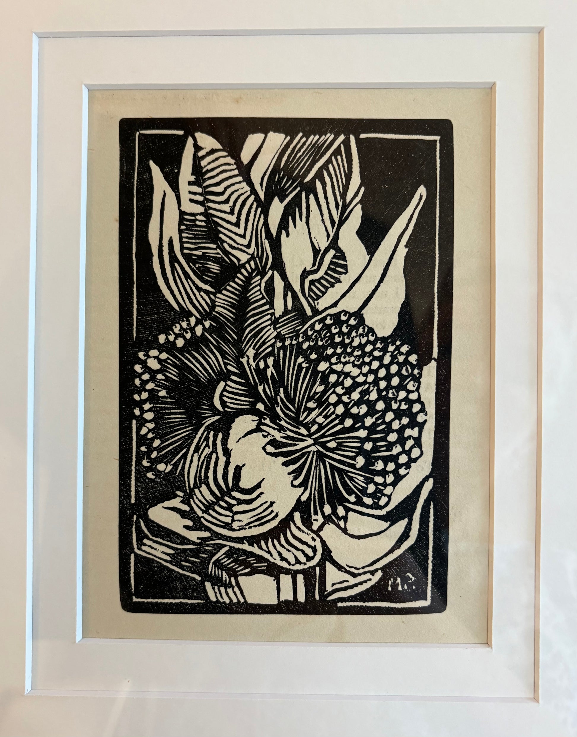 Original 1930s Margaret Preston woodblock print, "W.A. Gum Blossom" rare antique framed art
