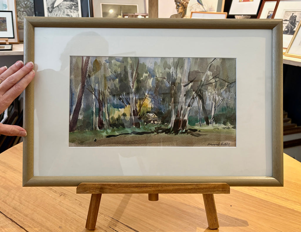 Mid Century original watercolour painting, Dermont Hellier, Australian bush, framed art