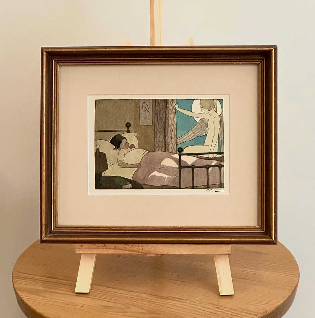 Rare original Art Deco woodblock print, 1911 antique, Maggie Salcedo, French framed art