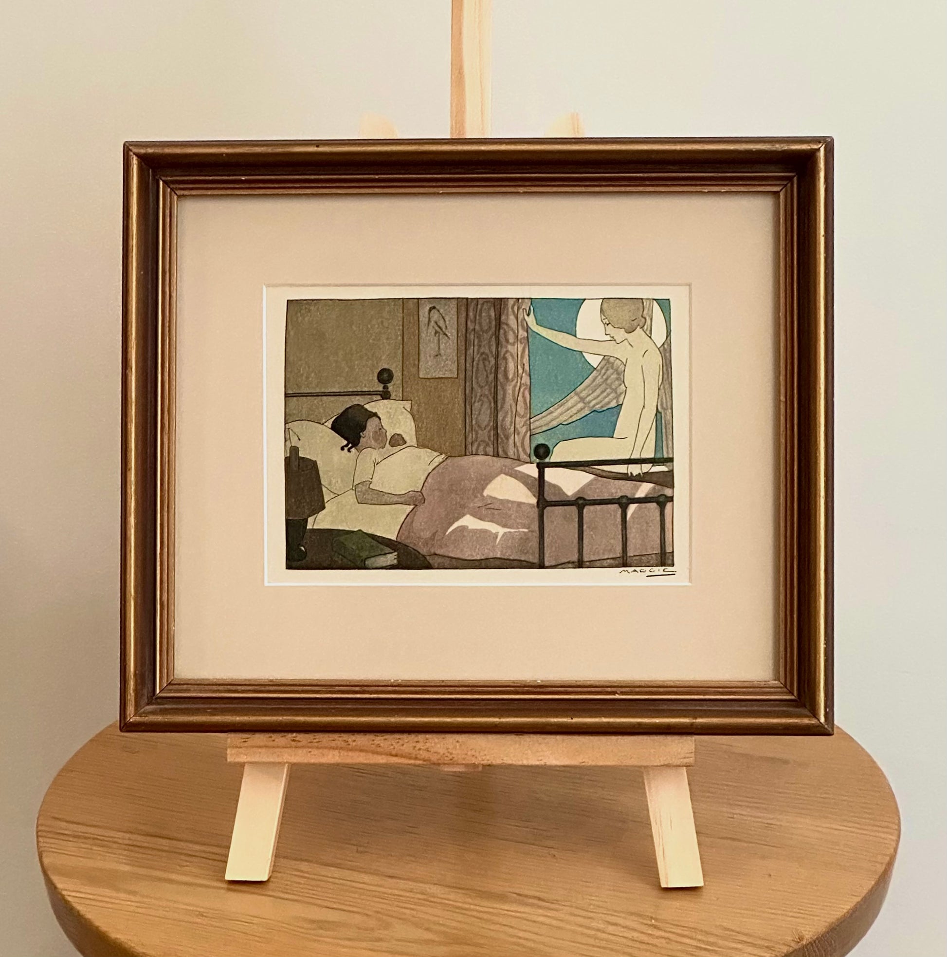 Rare original Art Deco woodblock print, 1911 antique, Maggie Salcedo, French framed art