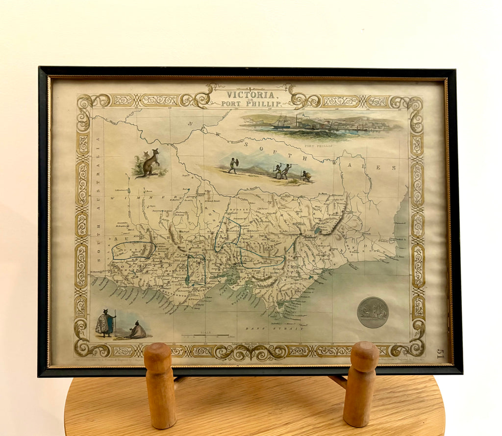 1851 antique map of Victoria, engraved, hand coloured, Tallis, vintage framed art