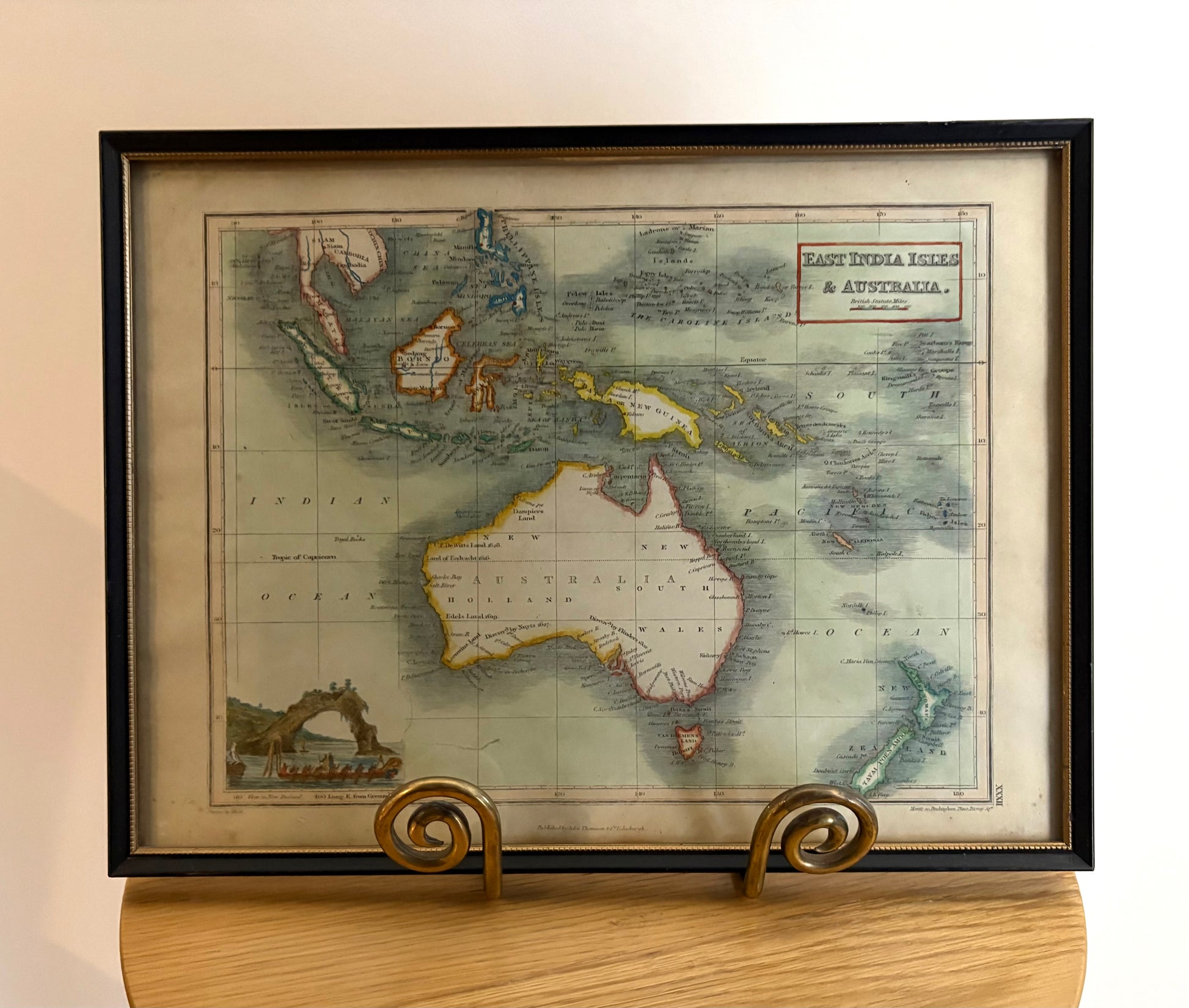 1819 antique map of Australia and surrounds, engraved, hand coloured, Thompson & Co, vintage framed