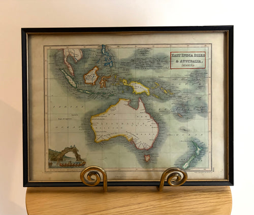 1819 antique map of Australia and surrounds, engraved, hand coloured, Thompson & Co, vintage framed