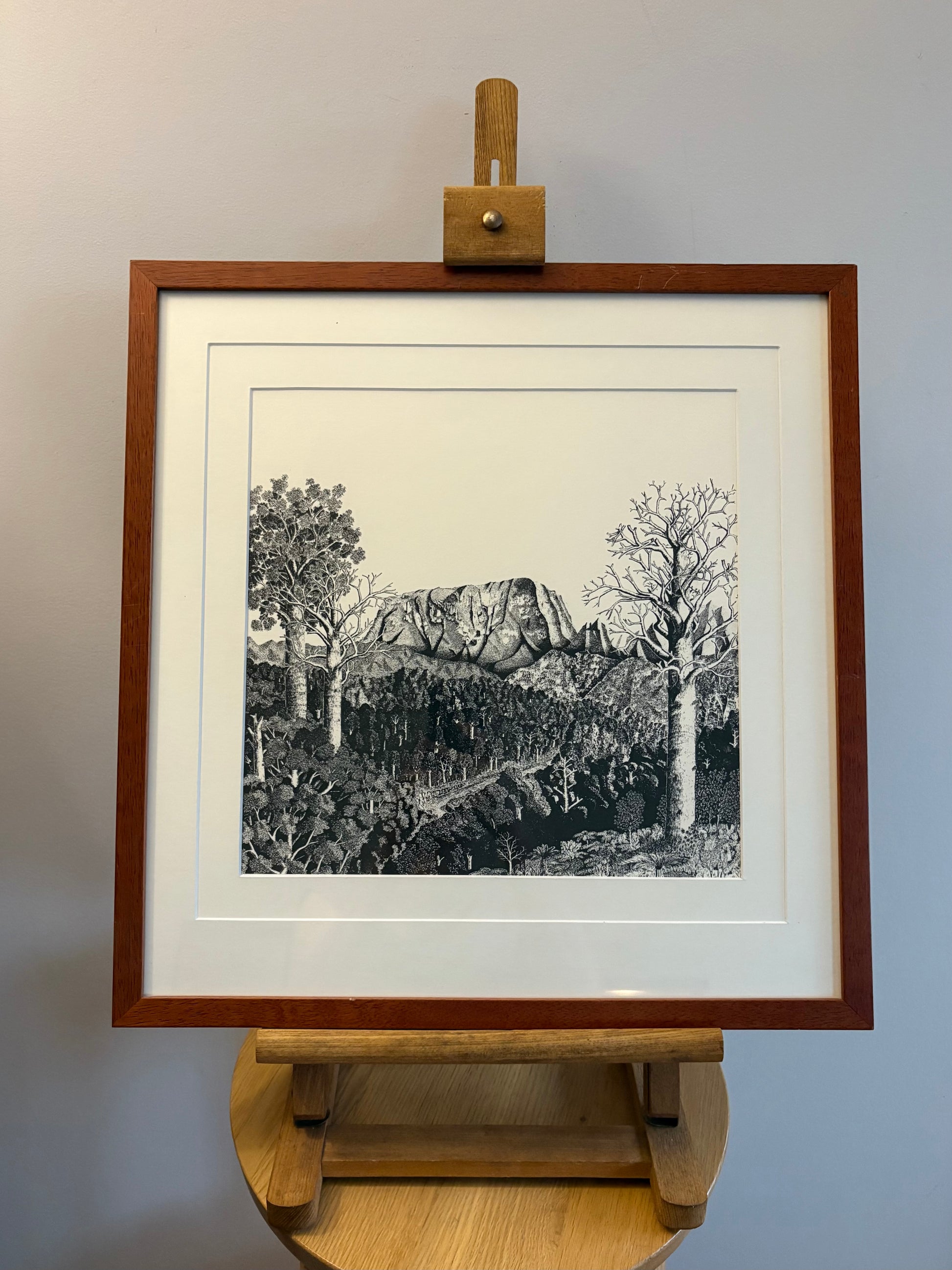 1977 Rei Hamon lithographic print, mountain, New Zealand, framed vintage art