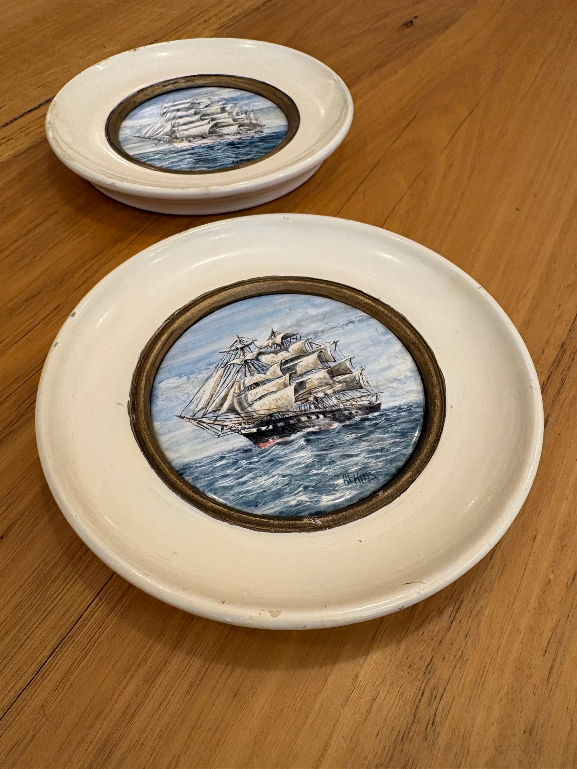 Pair of original hand painted ceramic ship artworks, signed, framed, vintage