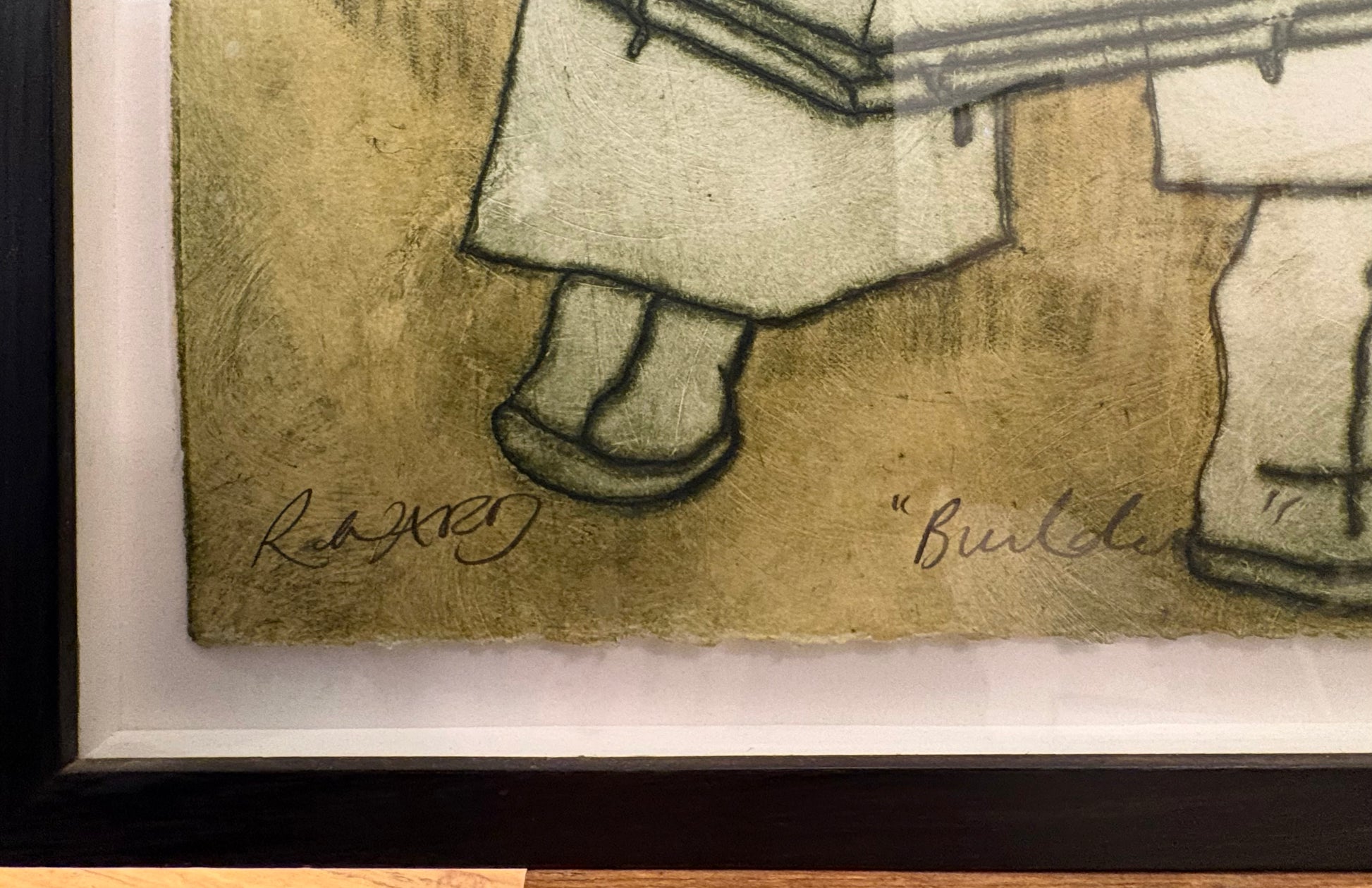 Large original hand coloured etching 3/20, Mandy Renard, “Builder”, framed art