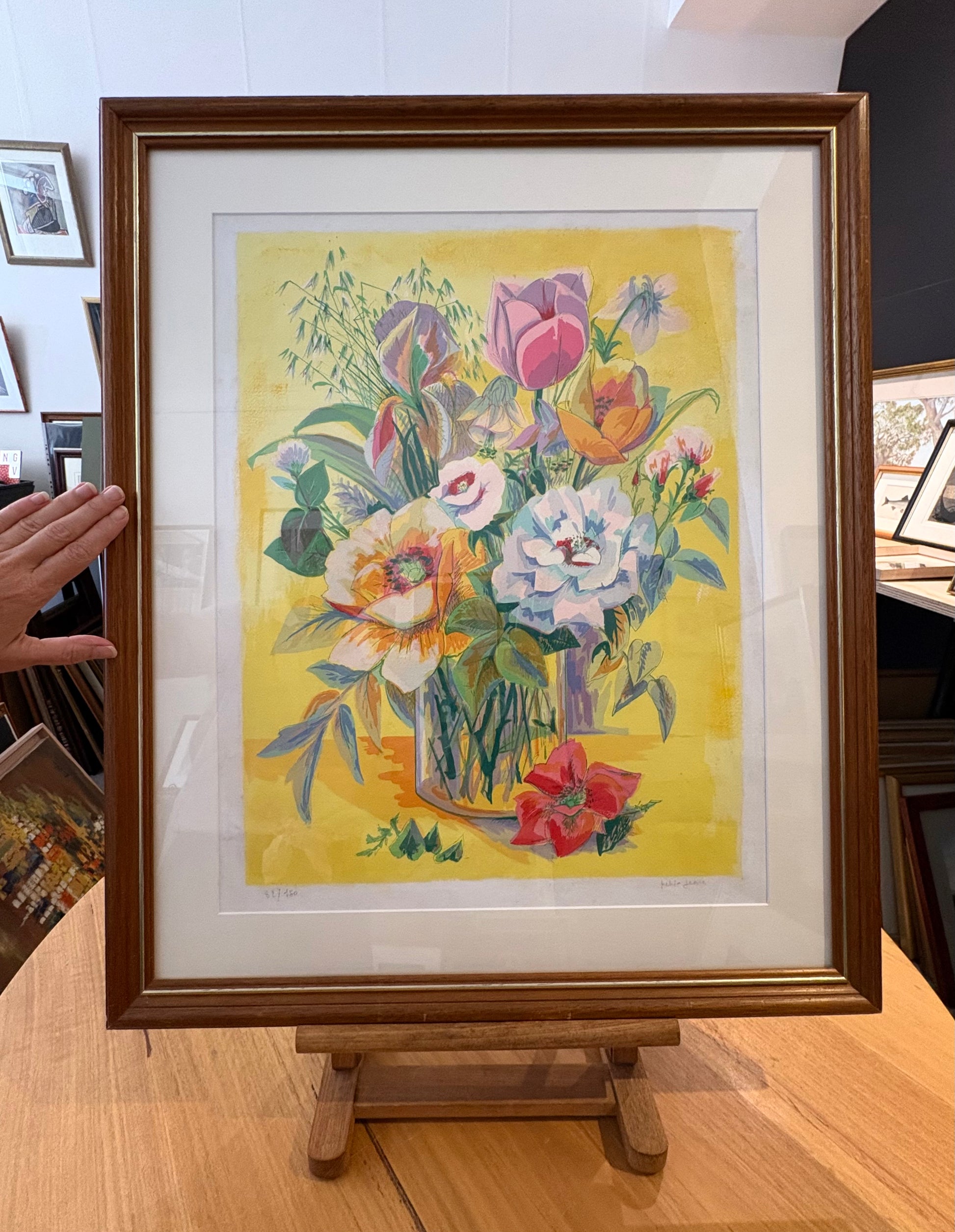 Large limited edition lithographic print, signed, floral bouquet, vintage