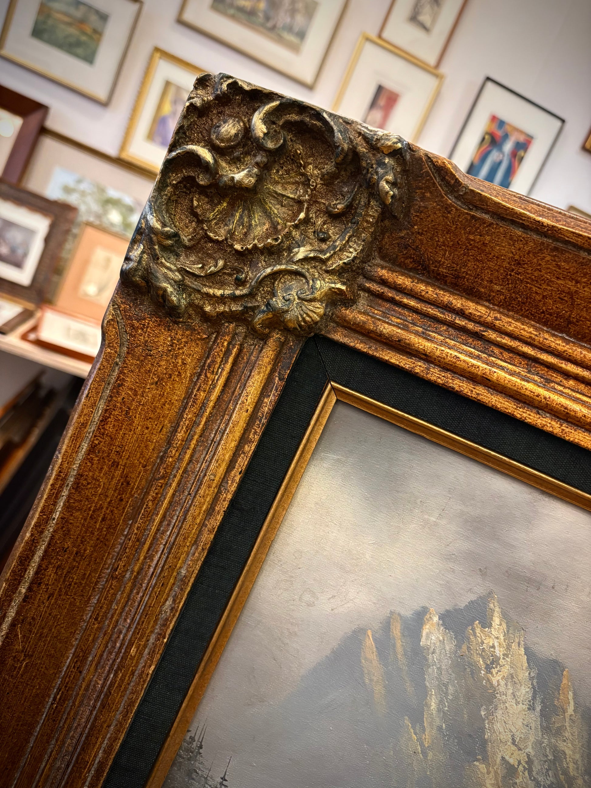 Original vintage painting on canvas, Alpine Lake, ornate gilt frame