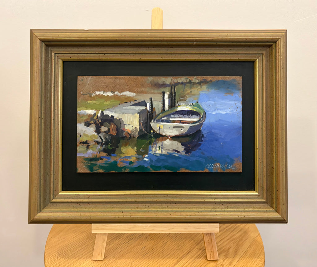 Original Graham Galloway oil painting on board, boat, vintage framed artwork