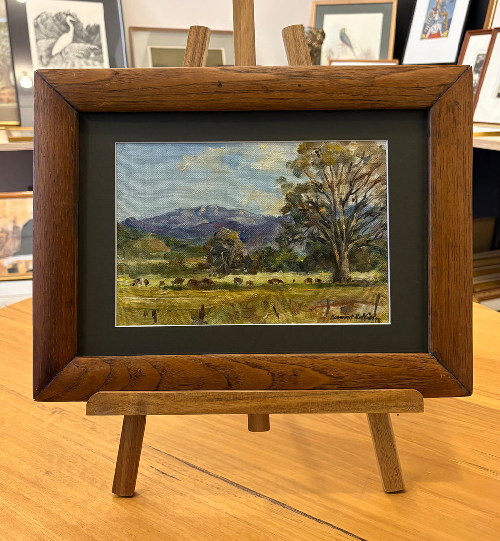 Mid Century original oil painting, Dermont Hellier, Australian bush, cows, framed art
