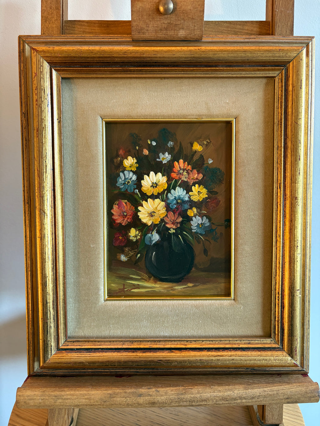 Original still-life painting on copper, daisies, framed art
