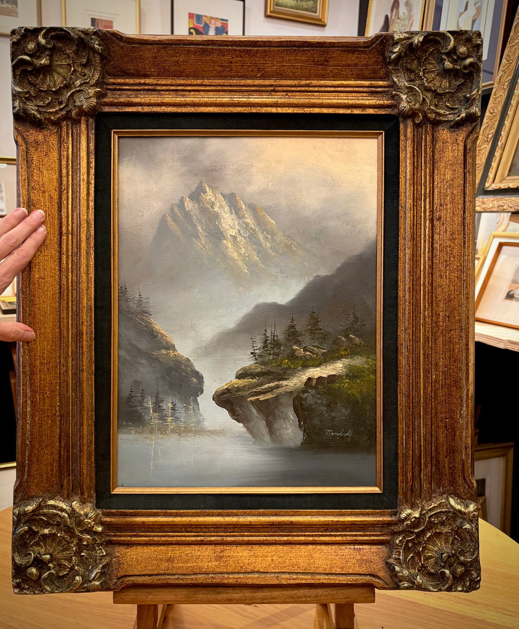 Original vintage painting on canvas, Alpine Lake, ornate gilt frame