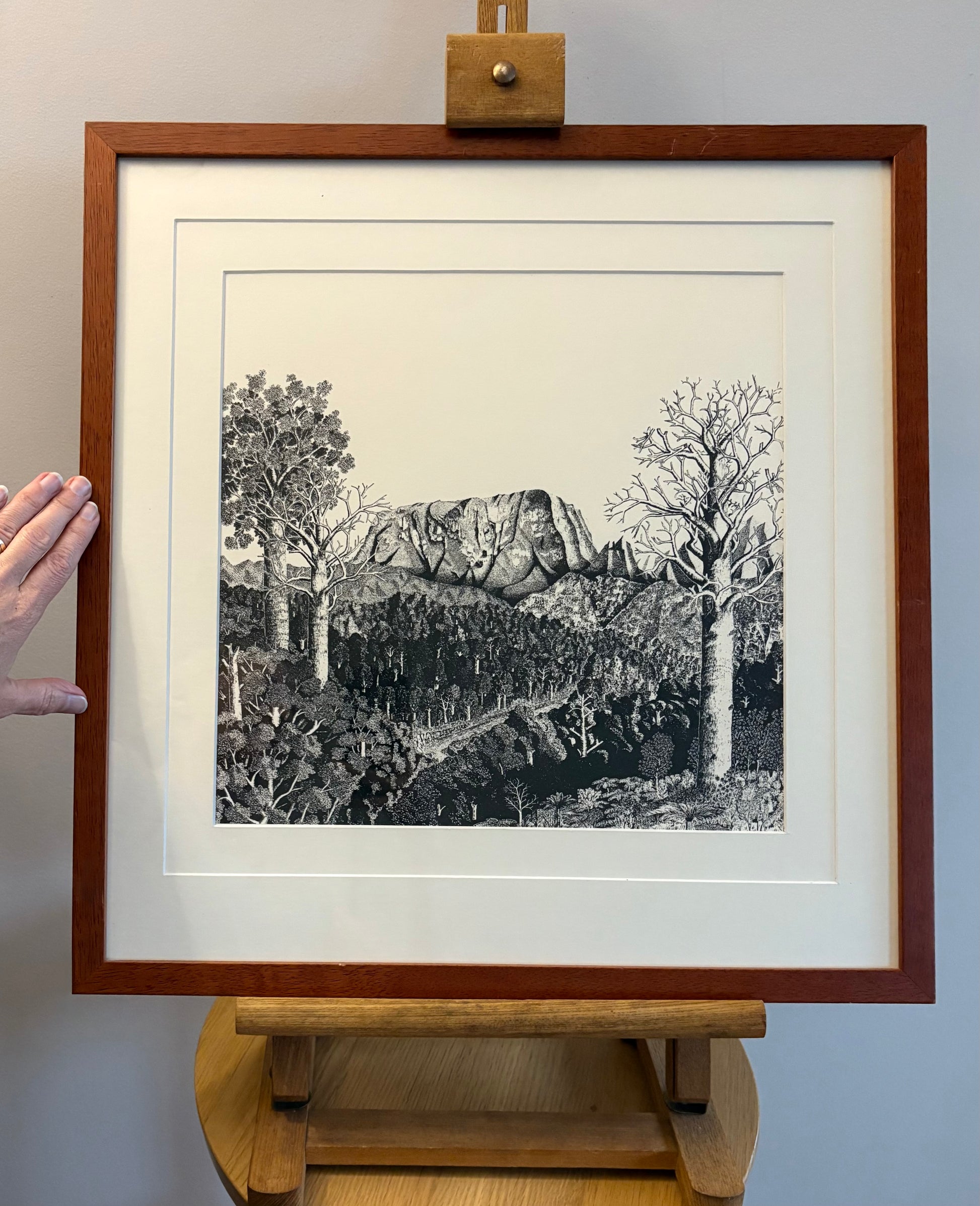 1977 Rei Hamon lithographic print, mountain, New Zealand, framed vintage art