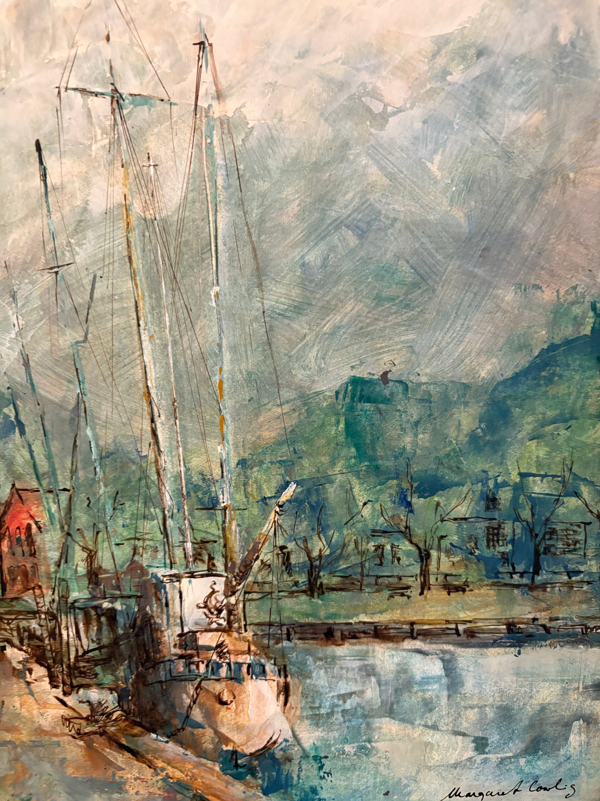 Vintage original oil painting on board, Margaret Cowling, fishing boats, jetty, seaside, framed art