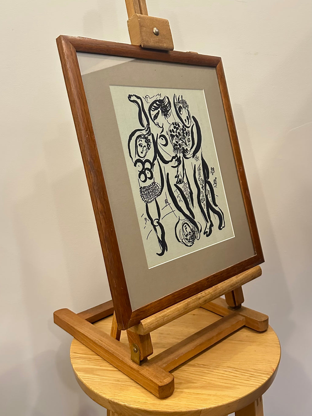 1950s vintage print on cloth, Marc Chagall, Acrobats, framed art, Mid-Century