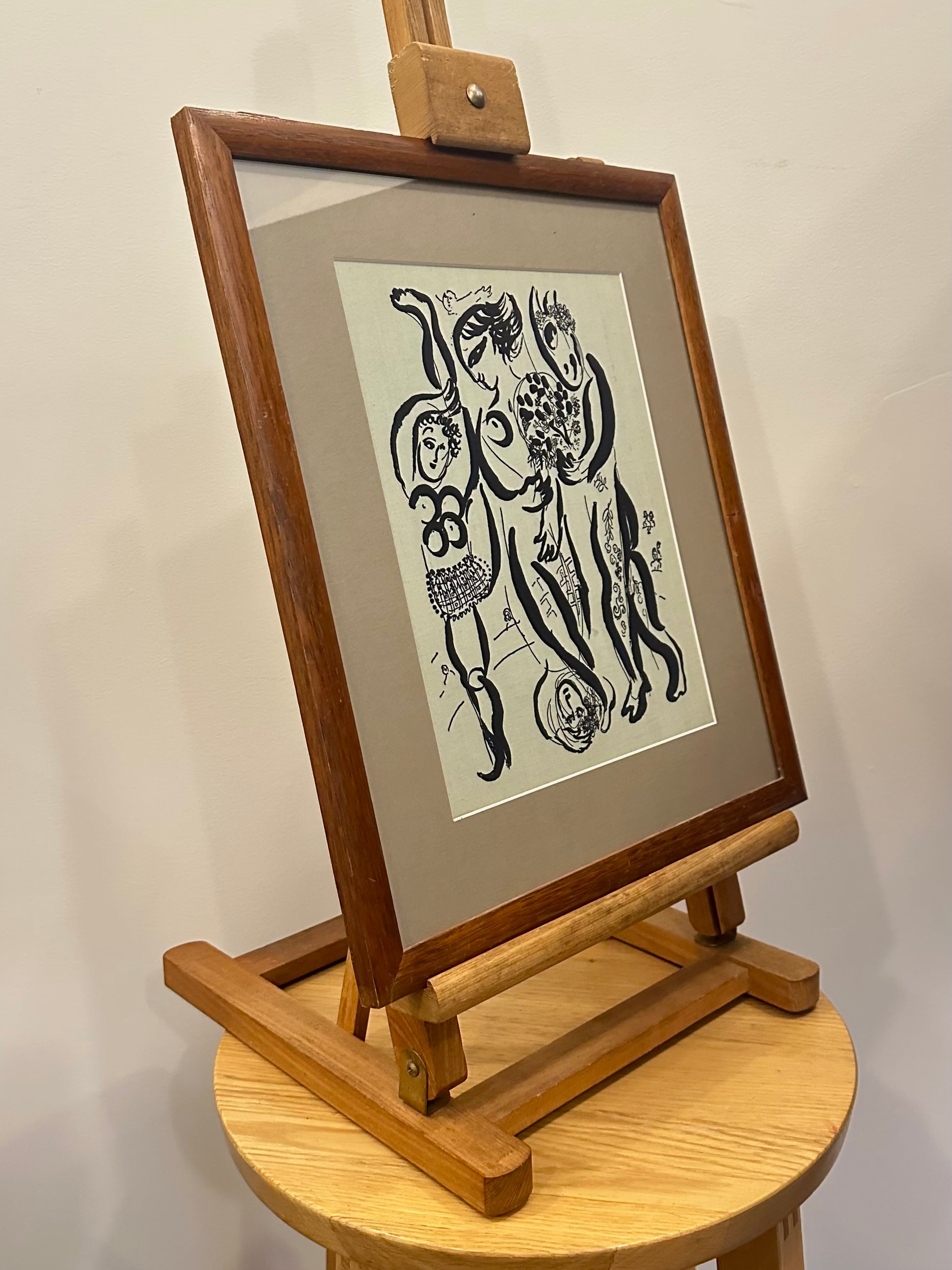 1950s vintage print on cloth, Marc Chagall, Acrobats, framed art, Mid-Century