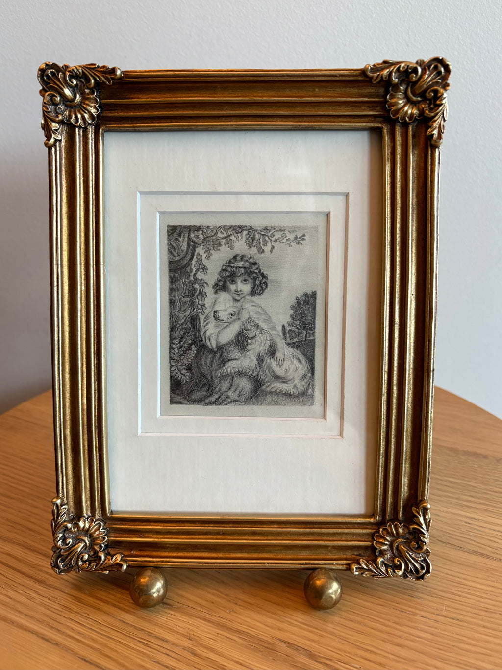 1830's Georgian original pencil drawing painting, Mary-Anne Glasscott, girl with dog