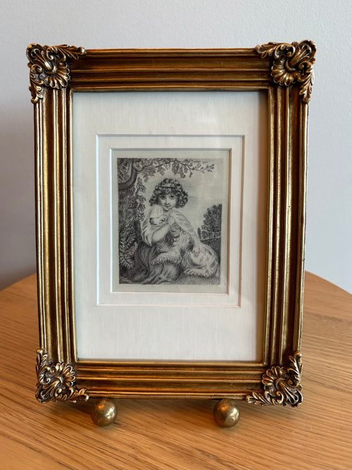 1830's Georgian original pencil drawing painting, Mary-Anne Glasscott, girl with dog