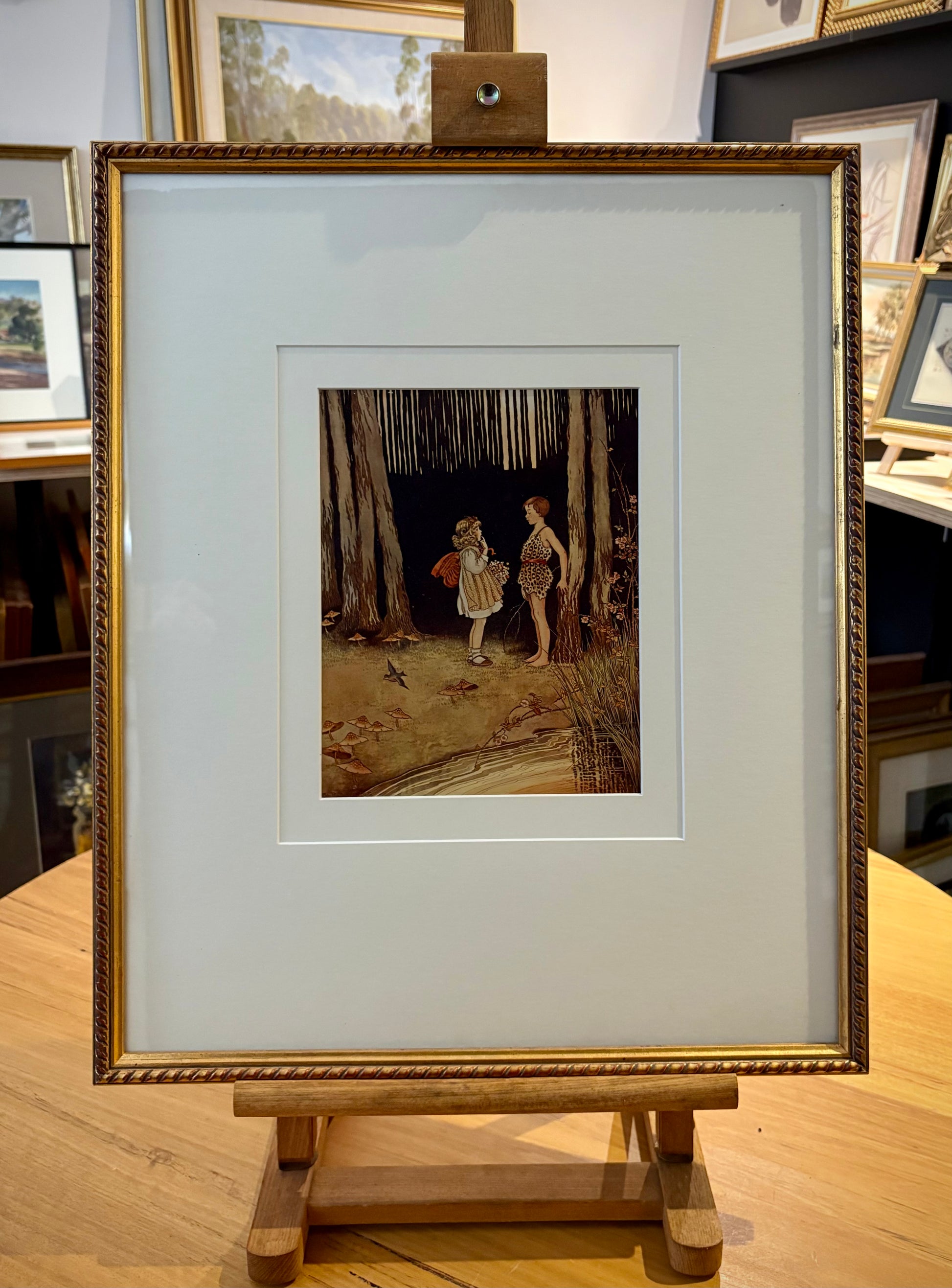 1919 Genuine antique print, Ida Rentoul Outhwaite, boy, forest, Art Deco framed art