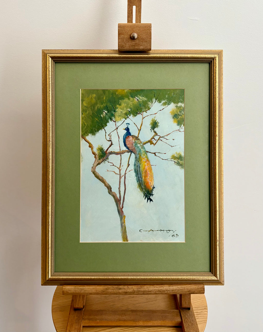 Original oil painting on board, signed, “Peacock”, vintage 1965, framed art.