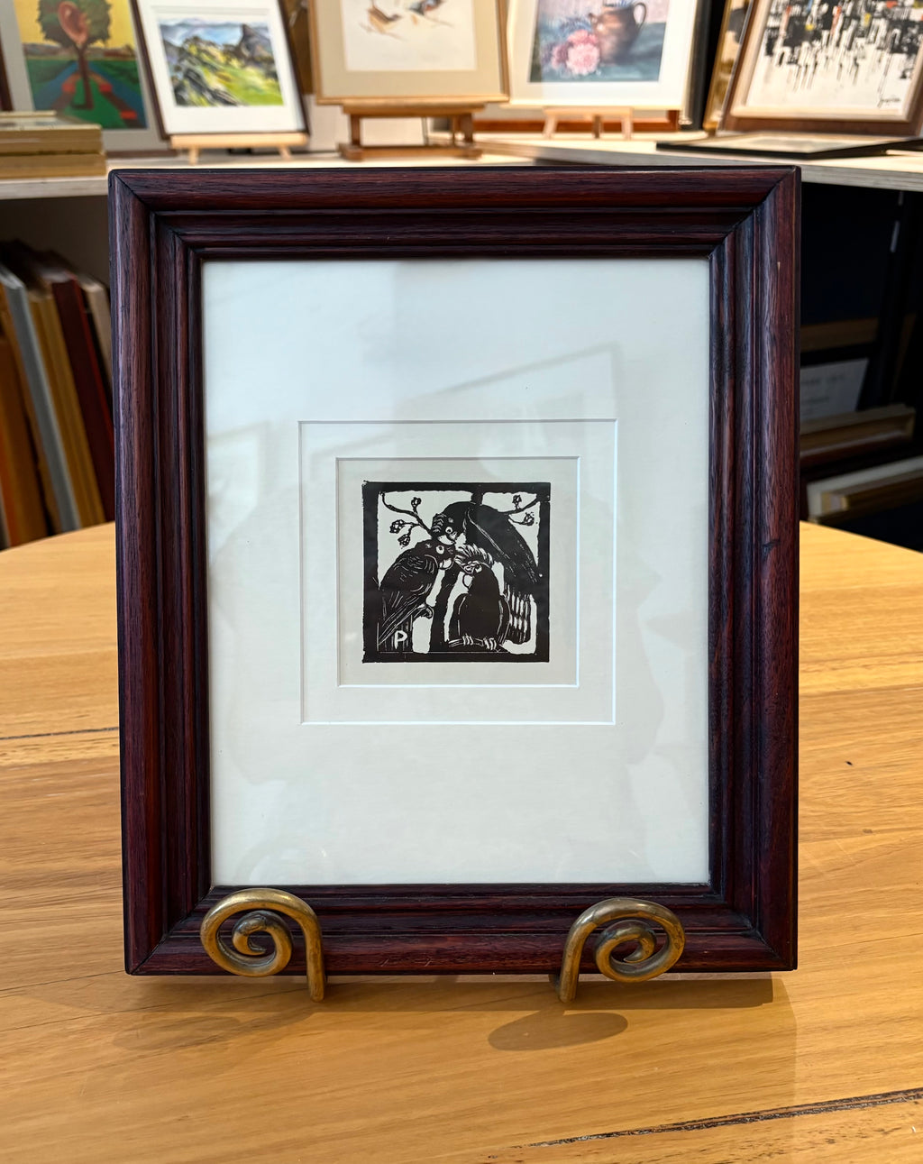1920s Original Margaret Preston woodblock print, “Cockatoos”, antique framed art