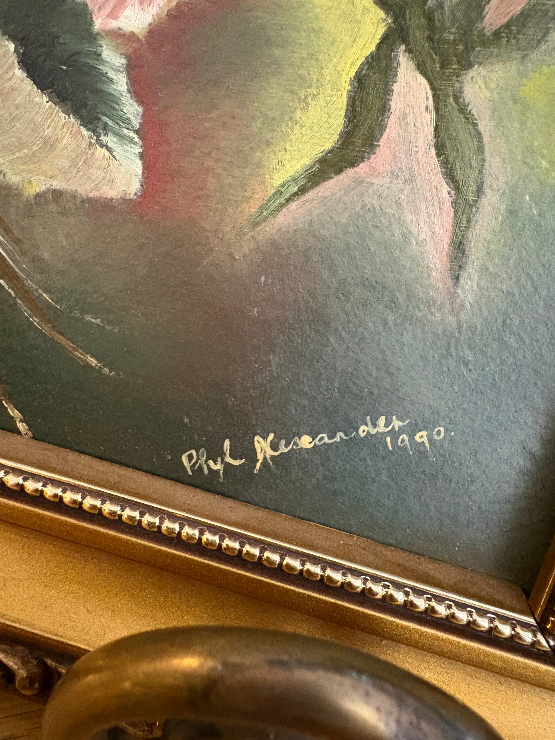 Original oil painting on board, signed, “Pansies”, vintage framed art