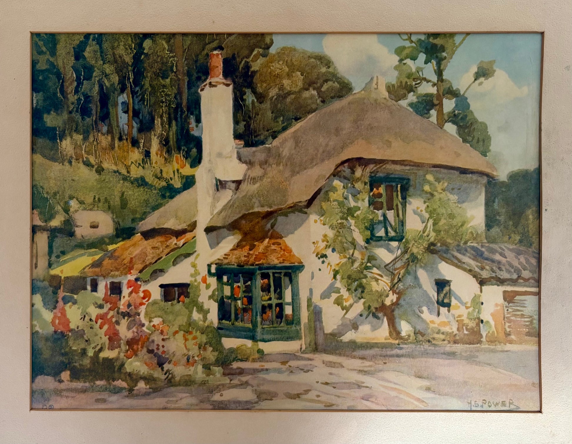 Mid Century print, cottage, Harold Power, gilt frame