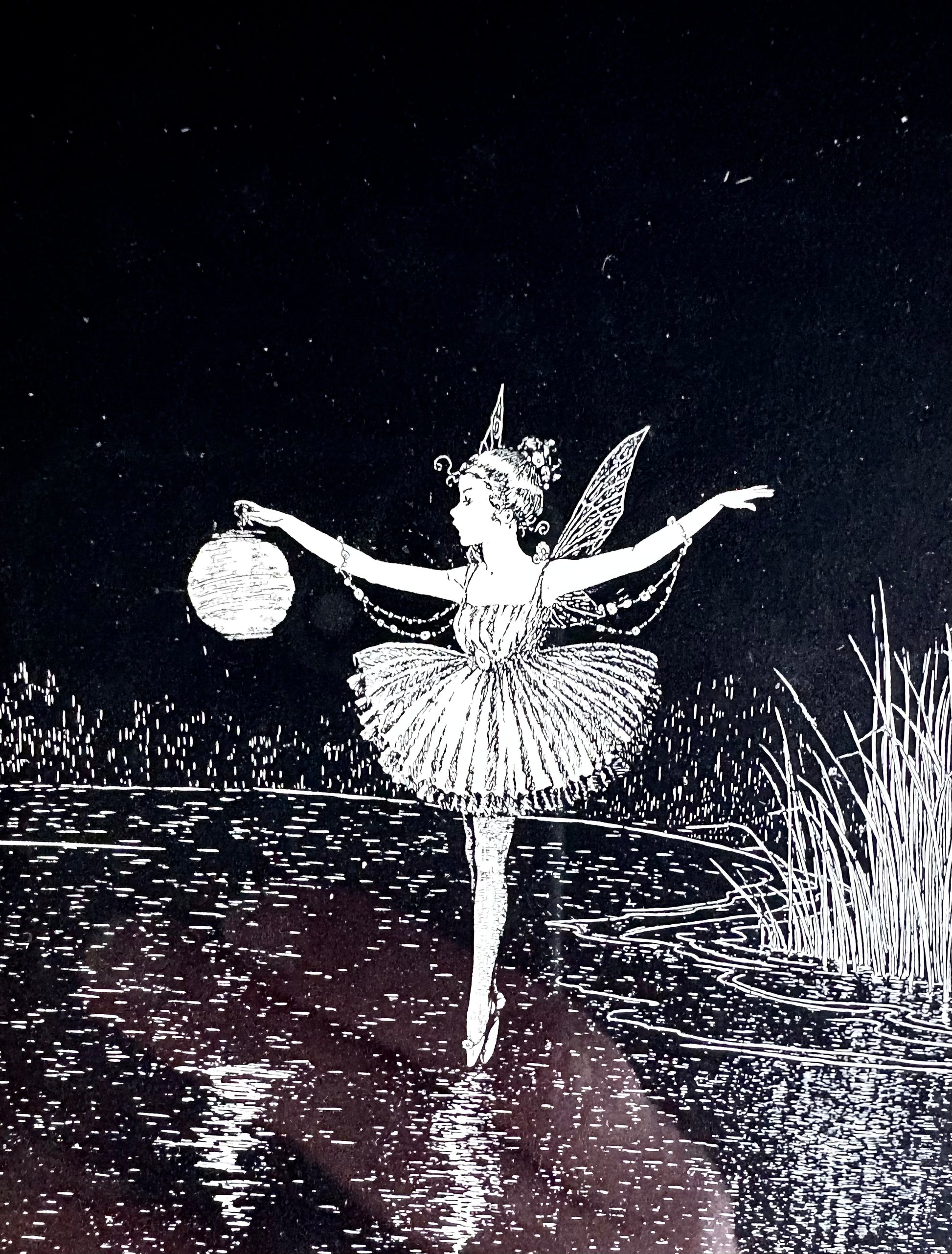 1921 Antique print, Ida Rentoul Outhwaite, "Anne Crosses the Dark Pool", framed art, fairy, Art Deco