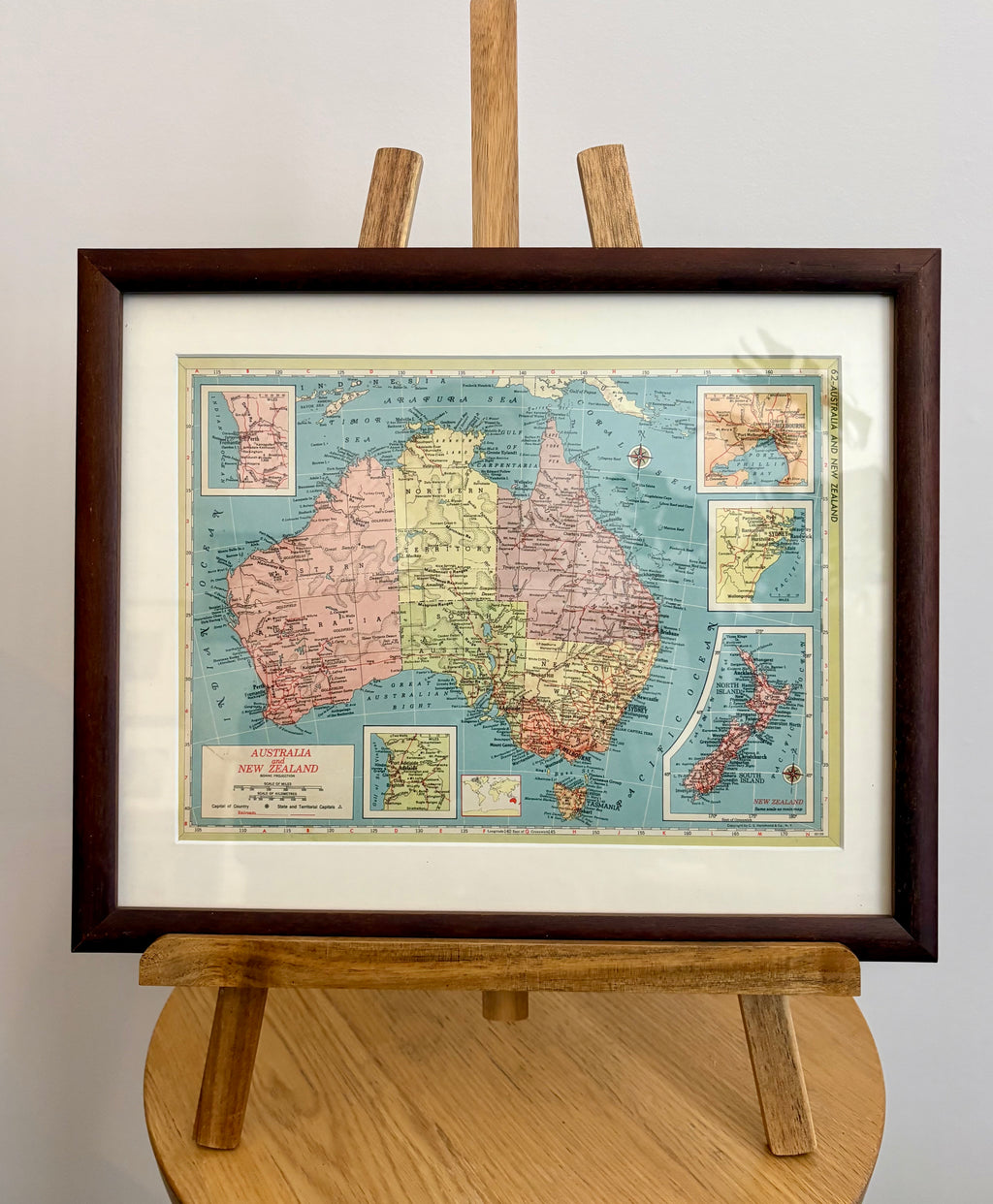 1950s vintage mid century framed map of Australia